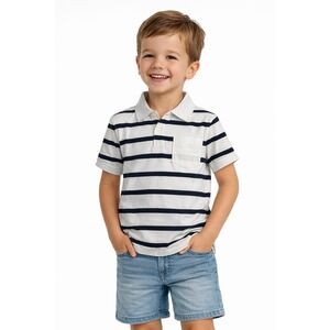 Cat Jack Kids Boys Size M 8 Short‎ Sleeve Striped Polo Shirt White Navy Blue